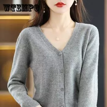 Осенне-зимний женский свободный однотонный шерстяной вязаный кардиган с v-образным вырезом и коротким верхом XL