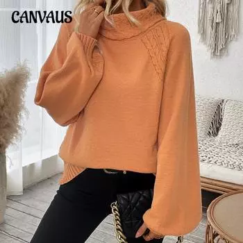 Осенне-зимний женский свободный повседневный свитер больших размеров с высоким воротом и рукавами-фонариками S оранжевый