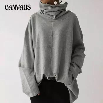 Осенне-зимний женский свободный повседневный свитер с длинным рукавом и высоким воротом, однотонный свитшот с карманом