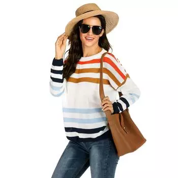 Осенне-зимний женский свободный повседневный тканый свитер в смешанную полоску с цветовым блоком S белый/синий