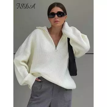 Осенне-зимний женский свободный повседневный вязаный свитер с V-образным вырезом на молнии S белый