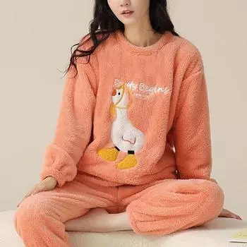 Осенне-зимний женский свободный пуловер из тонкого бархата с утолщенной отделкой, свободный свитер с круглым вырезом, теплая верхняя одежда + широкие брюки, домашняя одежда, комплект из двух предметов XS