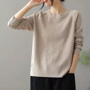 Осенне-зимний женский свободный свитер больших размеров с круглым вырезом, повседневный пуловер, трикотаж, однотонный эластичный трикотажный топ, джемпер S верблюд