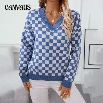 Осенне-зимний женский свободный свитер с V-образным вырезом больших размеров, клетчатый свитер в клетку S хаки