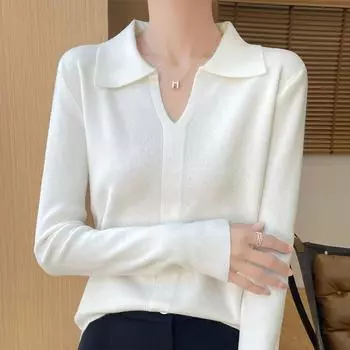Осенне-зимний женский свободный свитер с воротником-поло, внутри трикотаж с длинными рукавами S белый