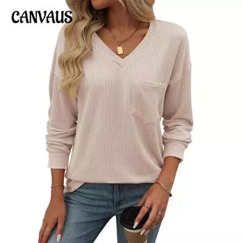 Осенне-зимний женский свободный топ с длинными рукавами и v-образным вырезом в витую полоску с цветовыми блоками S розовый