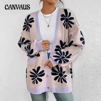 Осенне-зимний женский свободный вязаный свитер-кардиган с V-образным вырезом и принтом Commuter Temperament размера плюс S темно-синий