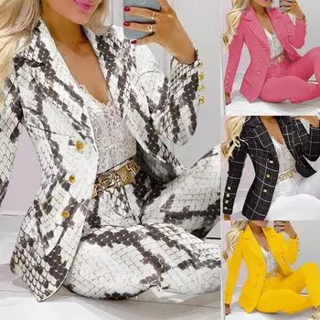 Осенне-зимний женский темпераментный повседневный костюм, куртка, прямые брюки, комплект из двух предметов, элегантный комплект офисного костюма Laides L чёрный