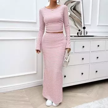 Осенне-зимний женский темпераментный повседневный трикотажный костюм с длинным рукавом в полоску S чёрный