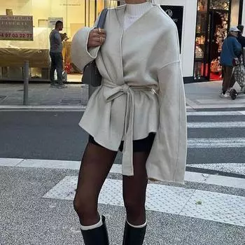 Осенне-зимний женский темпераментный стиль знаменитостей чистый цвет расклешенный рукав с поясом тренчкот S абрикосовый