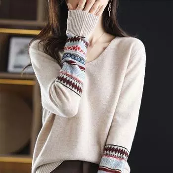 Осенне-зимний женский темпераментный свитер с V-образным вырезом, вязаный свитер, модный пуловер, базовая рубашка, топ S бежевый