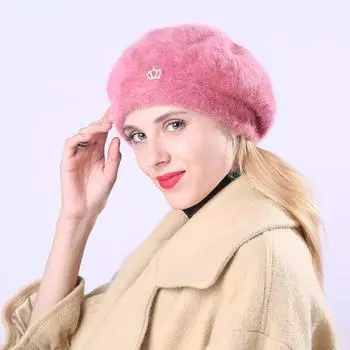 Осенне-зимний женский теплый берет, милый вязаный плюс бархатная модная шапка с короной one size красный