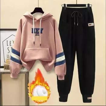 Осенне-зимний женский теплый флисовый комплект из толстовок с капюшоном в стиле пэчворк, повседневная рабочая одежда, брюки, комплект из двух предметов, женский спортивный костюм для бега XXL чёрный/розовый