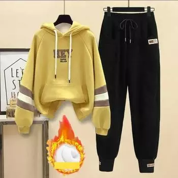 Осенне-зимний женский теплый флисовый комплект из толстовок с капюшоном в стиле пэчворк, повседневная рабочая одежда, брюки, комплект из двух предметов, женский спортивный костюм для бега XXL абрикосовый/чёрный