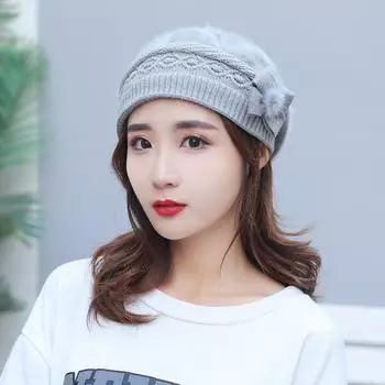 Осенне-зимний женский теплый однотонный берет из кроличьего меха, повседневные вязаные шапки из бархата для защиты ушей чёрный