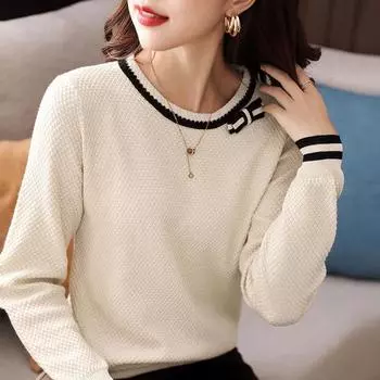 Осенне-зимний женский топ с длинным рукавом и французским бантом, модный внутренний свитер, трикотаж One Size абрикосовый