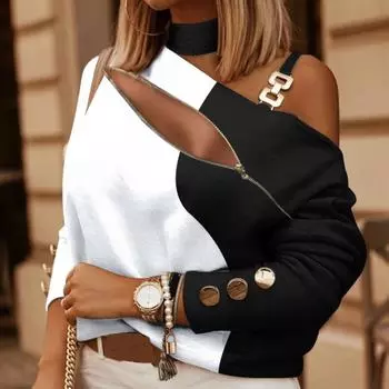 Осенне-зимний женский топ с длинными рукавами, цепочкой, воротником-стойкой, принтом и пуговицами S