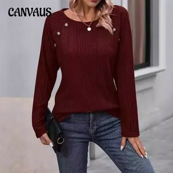 Осенне-зимний женский топ в полоску с круглым вырезом, однотонный, с пуговицами, с длинными рукавами S бордовый