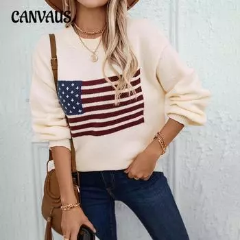Осенне-зимний женский трикотаж больших размеров с флагом, повседневный свободный круглый вырез, вязаный свитер S абрикосовый