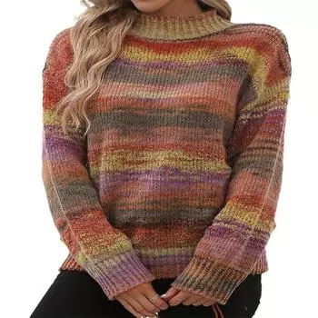 Осенне-зимний женский трикотаж больших размеров, винтажный, в радужную полоску, свободный свитер с длинным рукавом и круглым вырезом S