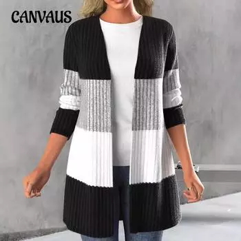 Осенне-зимний женский трикотаж, контрастные цвета, повседневный кардиган с лацканами и полосками, длинная куртка S чёрный