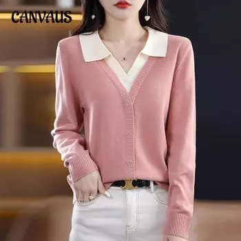 Осенне-зимний женский трикотаж, короткий свободный свитер с воротником-поло, верх, ложный двухсекционный трикотаж с лацканами и длинными рукавами M розовый