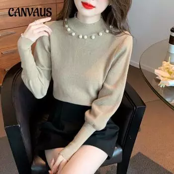 Осенне-зимний женский трикотаж, однотонный трикотаж с рукавами-фонариками, женская жемчужная рубашка с высоким воротником и тонкой блузкой с длинными рукавами One Size хаки