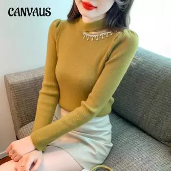 Осенне-зимний женский трикотаж, простой внутренний свитер с подвесным воротником, тяжелый свитер с бисером, дизайнерская рубашка с длинными рукавами, топы с длинными рукавами One Size белый