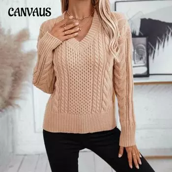 Осенне-зимний женский трикотаж с V-образным вырезом, свободный однотонный свитер с переплетенными нитками S розовый