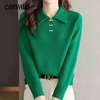 Осенне-зимний женский трикотаж с воротником-поло, с длинными рукавами, модная рубашка-свитер One Size красный