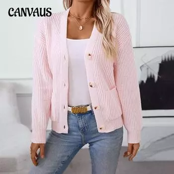 Осенне-зимний женский трикотаж, свободный повседневный однотонный однобортный вязаный свитер с V-образным вырезом S розовый