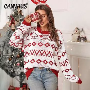 Осенне-зимний женский трикотаж, вязанный рождественский свитер с длинными рукавами и круглым вырезом S красный
