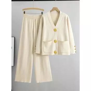 Осенне-зимний женский трикотажный свитер, большой золотой пуговицами, V-образный вырез, кардиган, пальто, Conjunto, высокая талия, мешковатые брюки шириной 95 см S хаки