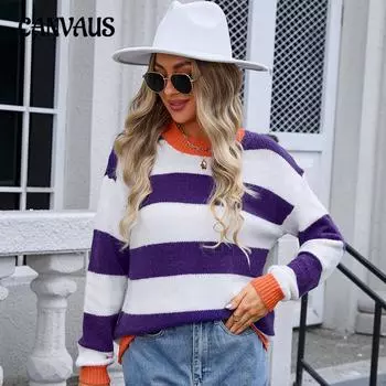 Осенне-зимний женский трикотажный свитер в полоску большого размера с плетением S розы красного