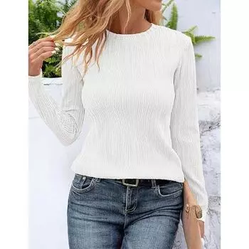 Осенне-зимний женский трикотажный топ с длинными рукавами и круглым вырезом S белый