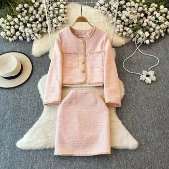 Осенне-зимний женский твидовый комплект из двух частей: однобортный пиджак, пальто и облегающая юбка M розовый