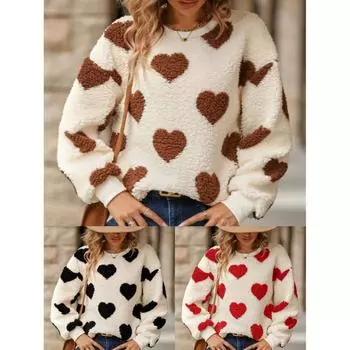Осенне-зимний женский удобный плюшевый пуловер с сердечками, милый принт, свободный топ с длинными рукавами и круглым вырезом, корейский свитер S чёрный