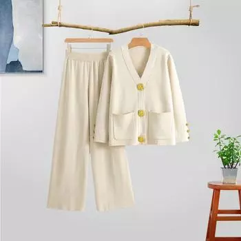 Осенне-зимний женский универсальный вязаный кардиган с металлической пряжкой, комплекты свитеров, кардиган с V-образным вырезом и золотыми пуговицами, пальто, мешковатые брюки с высокой талией и широкими штанинами XXL чёрный