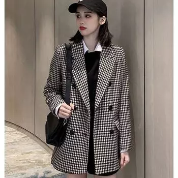 Осенне-зимний женский утепленный твидовый костюм с тысячью решеток, пальто, двубортный свободный пиджак в английском стиле, топы S чёрный