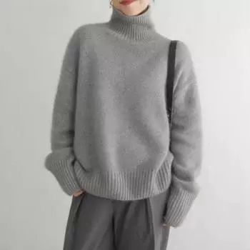 Осенне-зимний женский утолщенный однотонный вязаный свитер, свободный ленивый свитер с высоким воротником и коротким вырезом S серый