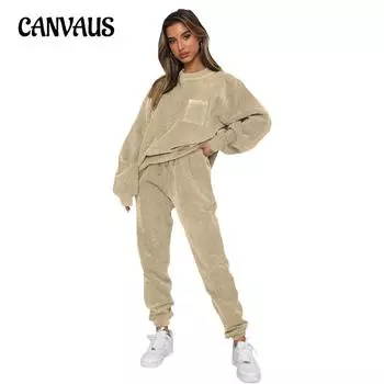 Осенне-зимний женский вельветовый однотонный свитер с круглым вырезом и длинным рукавом, модный брючный костюм S чёрный