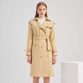 Осенне-зимний женский ветровка с заниженной талией, хлопковый Тренч с длинными рукавами и лацканами на пуговицах S чёрный