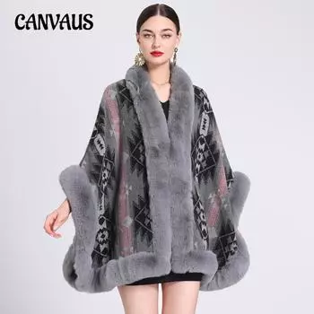 Осенне-зимний женский воротник-шаль из искусственной шерсти кролика-выдры, большой размер, жаккардовый вязаный кардиган, свободная накидка, пальто One Size серый