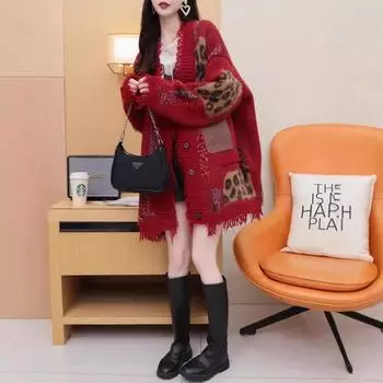 Осенне-зимний женский вязаный кардиган большого размера в ленивом стиле one size красный