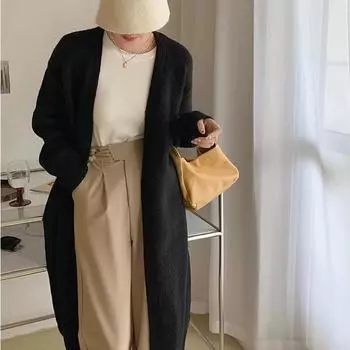 Осенне-зимний женский вязаный кардиган, однотонный, длинный, повседневный, фланелевый, утолщенный, выше колена, универсальный модный свитер One Size