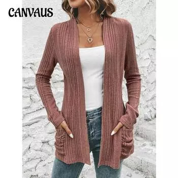 Осенне-зимний женский вязаный кардиган с длинным рукавом, однотонный вязаный кардиган средней длины, вязаная куртка с карманами S розовый