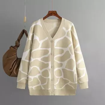 Осенне-зимний женский вязаный кардиган, свитер жаккардовой вязки, свободная куртка с v-образным вырезом и длинным узором One Size хаки