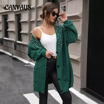 Осенне-зимний женский вязаный кардиган, текстурированная вязаная куртка, свитер средней длины, расшитый бисером, кардиган S