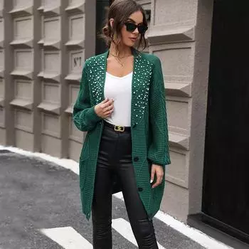 Осенне-зимний женский вязаный кардиган, текстурированная вязаная куртка, свитер средней длины, расшитый бисером, кардиган S