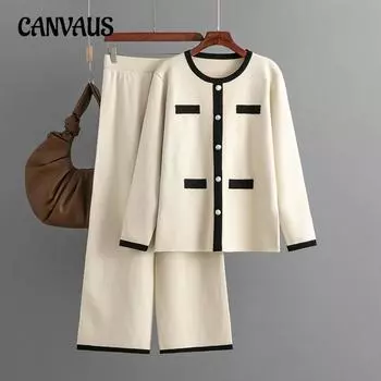 Осенне-зимний женский вязаный комплект из свитера, широкие брюки, маленький ароматный стильный модный повседневный комплект One Size абрикосовый